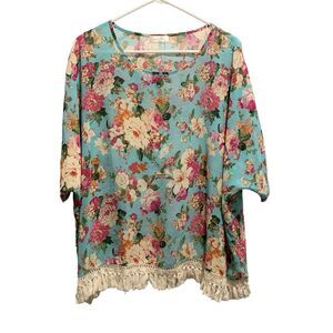 Grace & Lace Boho Blouse One Size Boxy Kimono Fringe Aqua Floral Short Sleeve